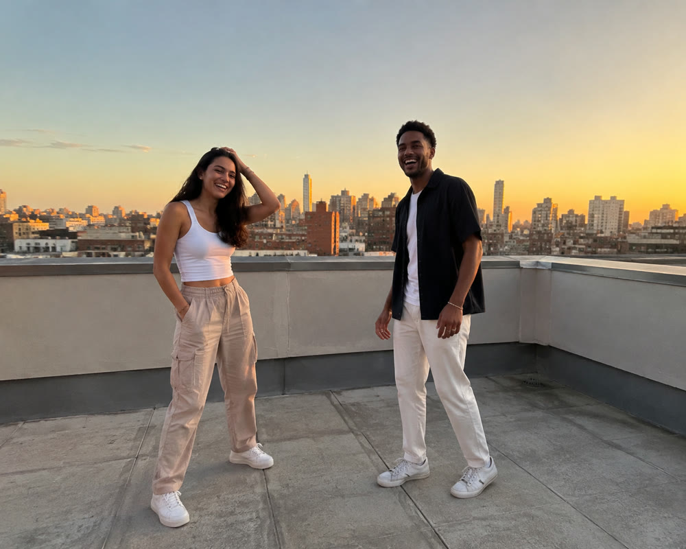 Two friends on a rooftop at sunset